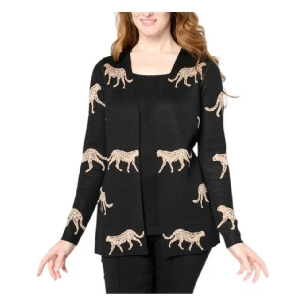 Nina Leonard Women's Twofer Jacquard Knit Sweater Black Tossed Cheetah - Regular